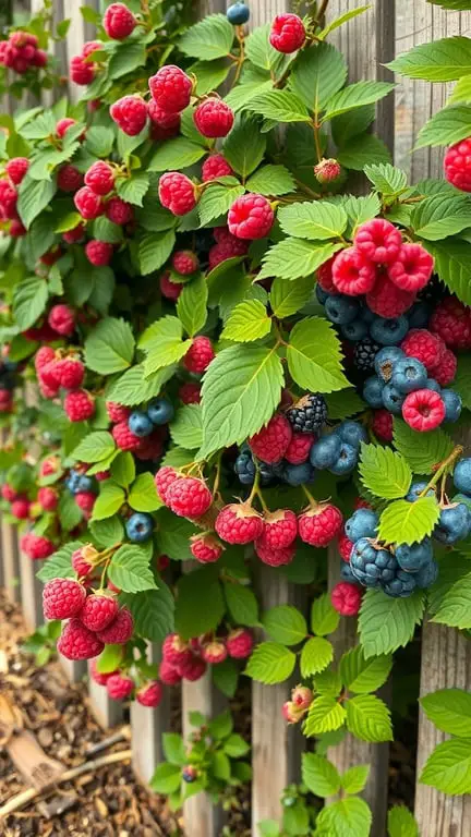 19+ Stunning Backyard Plants to Grow Along Your Fence 9 A close-up of raspberry and blueberry bushes growing along a wooden fence.