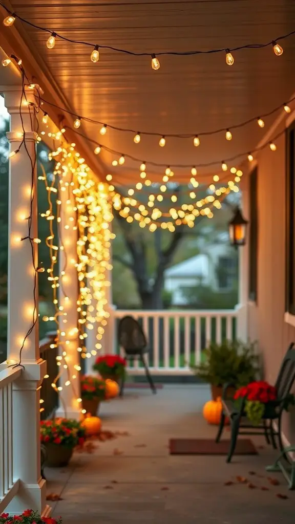 27+ Cozy Fall Porch Decorating Ideas to Try This Season 17 A beautifully decorated porch with string lights, pumpkins, and flowers for fall.