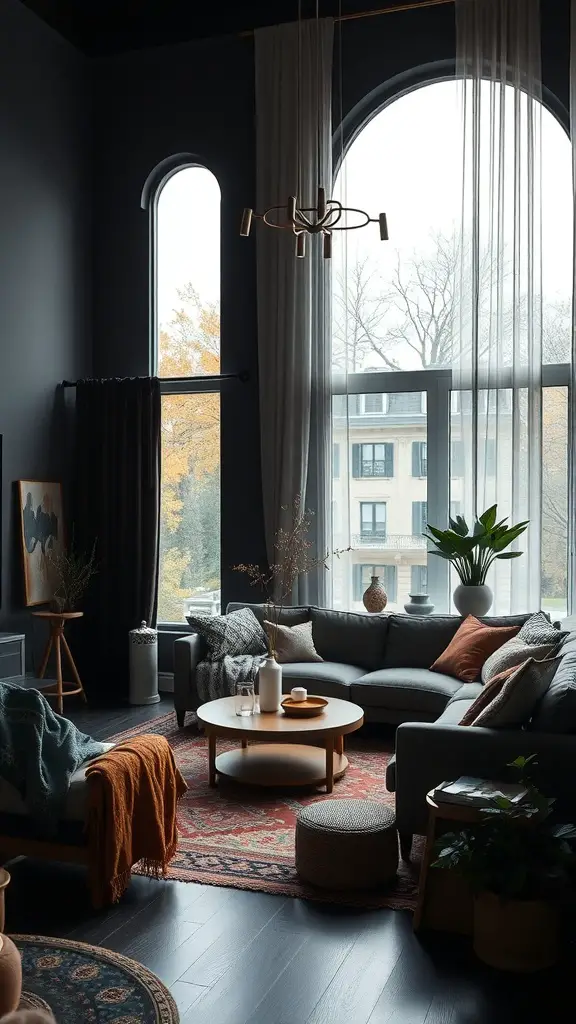 A dark boho living room featuring earthy tones, large windows, and cozy textures.