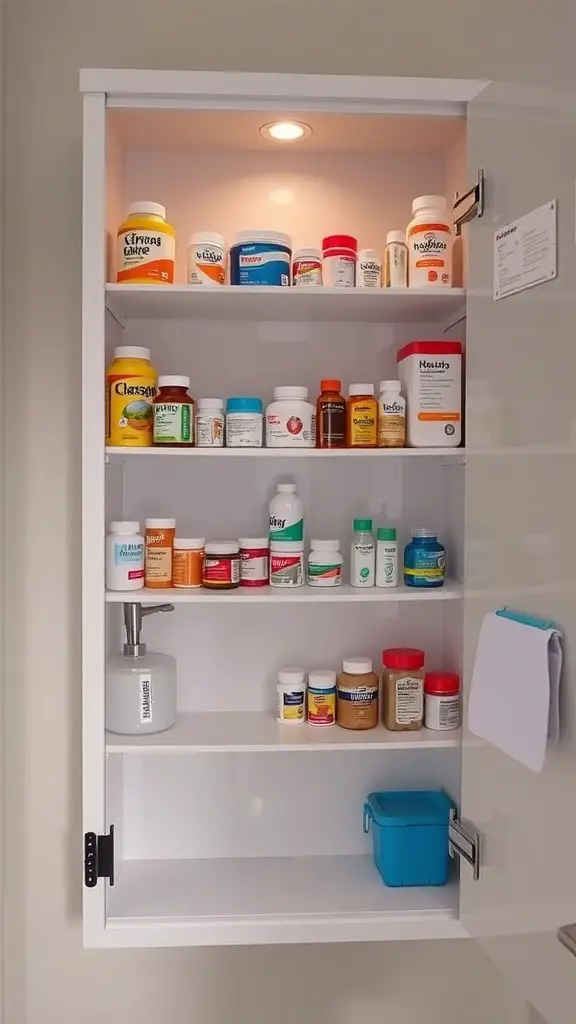Organized medicine cabinet with various medications and a child-proof lock.