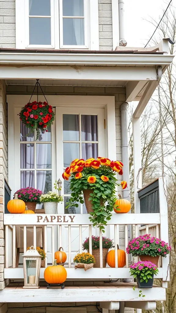 23+ Stylish Apartment Balcony Ideas for Your Outdoor Oasis 18 A decorated apartment balcony with colorful flowers and pumpkins for fall