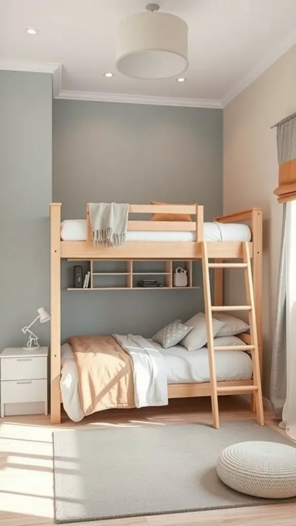 A cozy loft bed setup with a light wood frame, neutral bedding, and a calming gray wall.