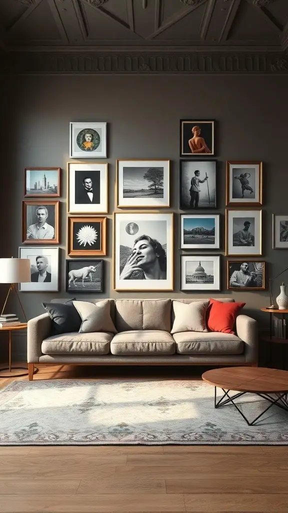 27+ Stunning Pottery Barn Living Room Ideas You’ll Love 7 A cozy living room with a gallery wall featuring various framed artworks and photographs.