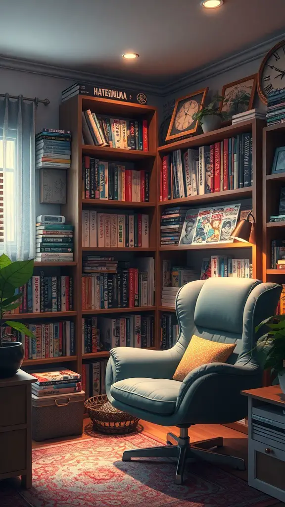 A cozy reading nook with a comfortable chair, bookshelves filled with books, and warm lighting.