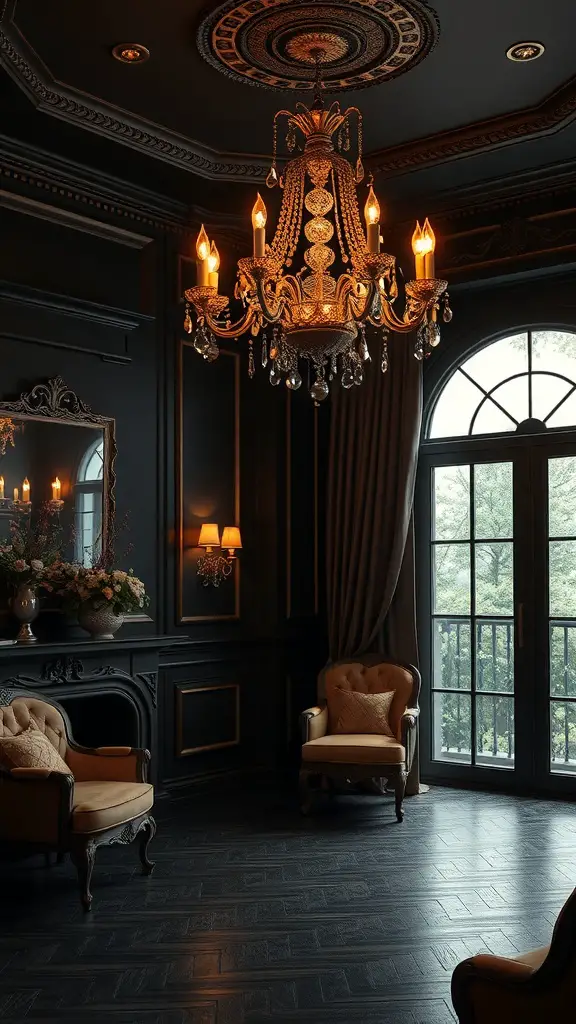 25+ Stunning Dark Feminine Decor Ideas for Your Room 4 A luxurious dark feminine room featuring an ornate chandelier and elegant decor.