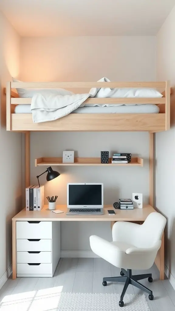A loft bed with a desk space below, featuring a laptop, books, and a stylish chair.