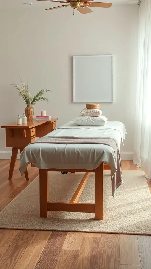 A comfortable massage room featuring a wooden massage table with soft linens and a cozy decor.