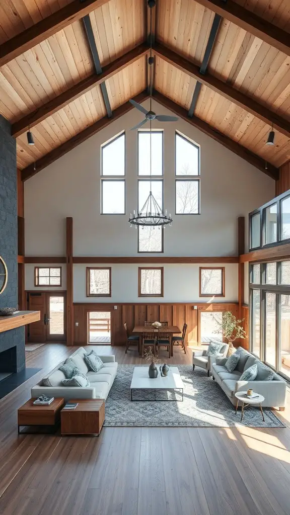 25+ Inspiring Modern Barndominium Ideas You’ll Love 9 A spacious open-concept living area in a modern barndominium featuring high ceilings, large windows, and a cozy seating arrangement.