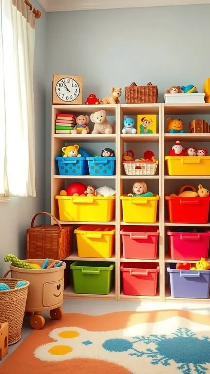 33+ Creative Nursery Organization Ideas for a Clutter-Free Space 9 A colorful nursery with organized toy bins on shelves, featuring various toys and a playful rug.