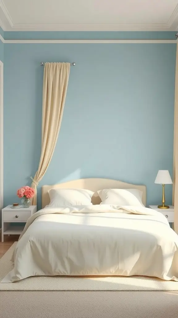 19+ Inspiring Blue and Cream Bedroom Ideas for a Cozy Retreat 8 A serene bedroom featuring blue walls and cream accents, with a cozy bed and soft lighting.