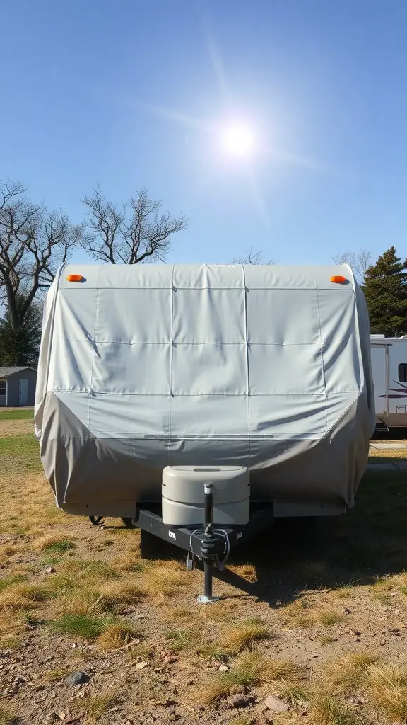 15+ Stylish RV Covers with Deck Designs to Elevate Your Outdoor Space 17 An RV covered with a light-colored cover under a clear blue sky