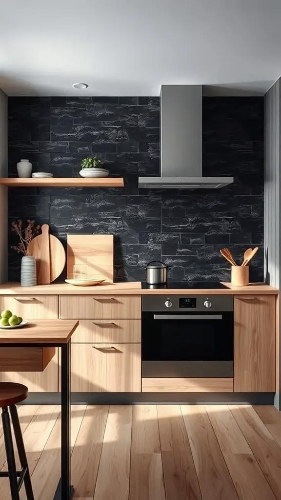 27+ Stunning Black and Natural Wood Kitchen Designs You’ll Love 3 A modern kitchen featuring a black backsplash and natural wood accents.
