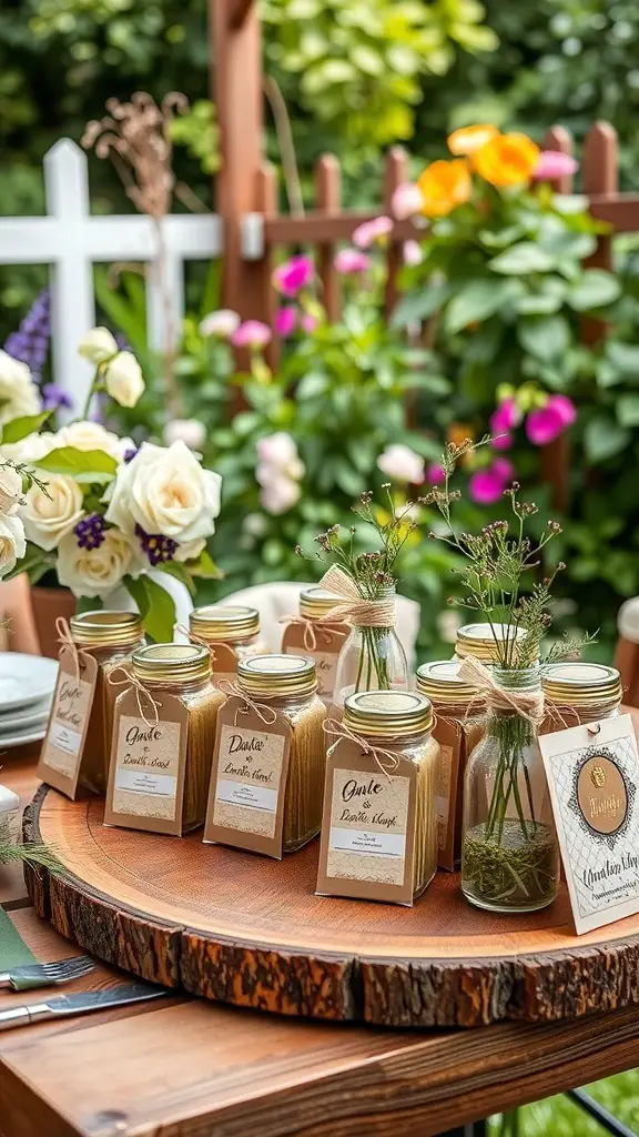 21+ Delightful Wedding Garden Party Ideas to Inspire Your Celebration 8 A display of wedding favors in jars on a wooden platter, surrounded by flowers in a garden setting.