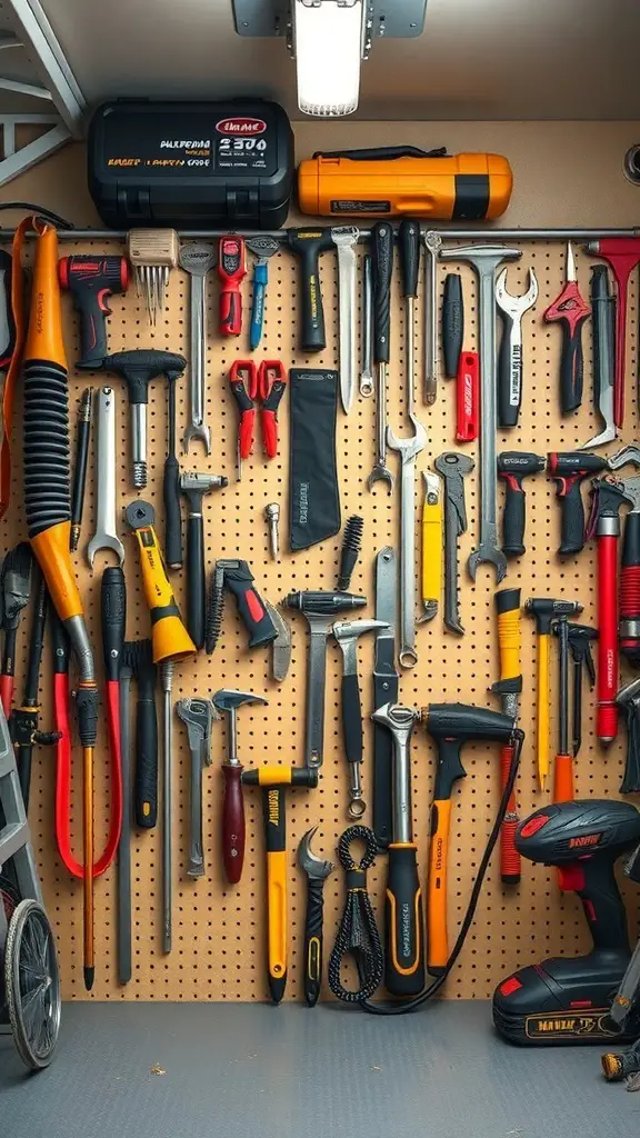 A well-organized tool wall featuring various hand tools and a toolbox.