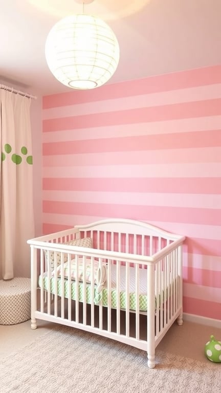 31+ Gorgeous Pink and Green Nursery Ideas for a Dreamy Space 13 A nursery with a pink striped accent wall, a white crib, and green accents.