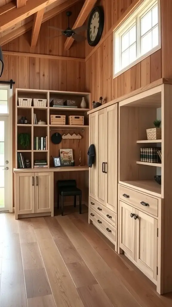 25+ Inspiring Modern Barndominium Ideas You’ll Love 12 Interior view of a modern barndominium with wooden storage solutions and a workspace.