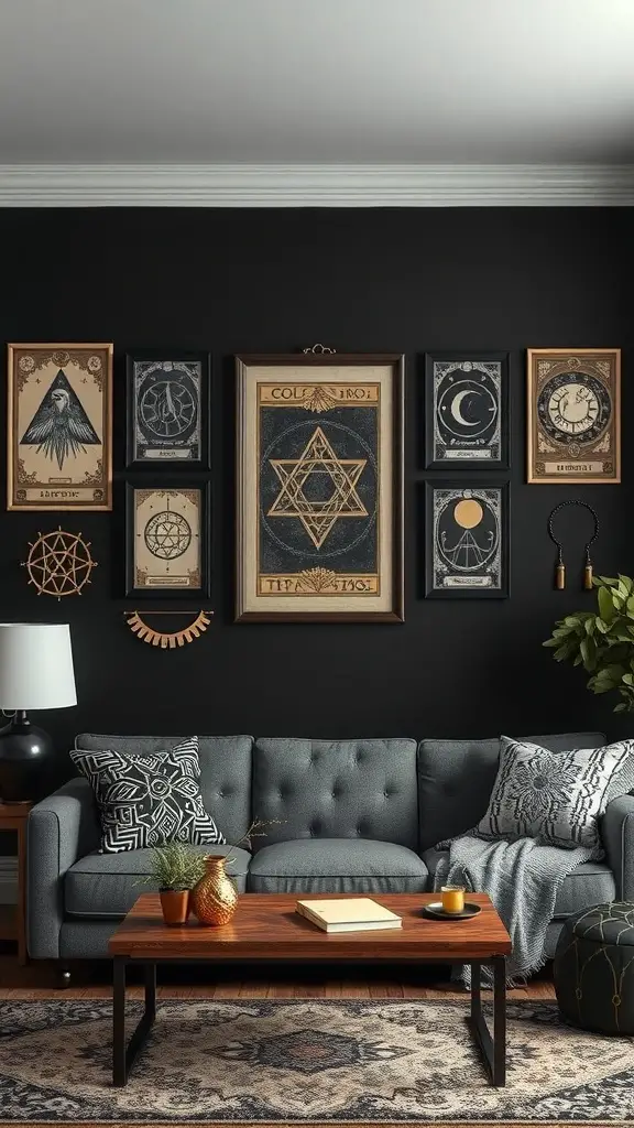 31+ Magical Decor Ideas for a Witchy Living Room 4 A witchy living room with mystical wall art, featuring framed prints of celestial and symbolic designs on a dark wall.