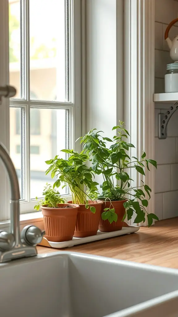 33+ Vintage Farmhouse Kitchen Ideas You'll Love 15 Herb garden in kitchen window with potted plants