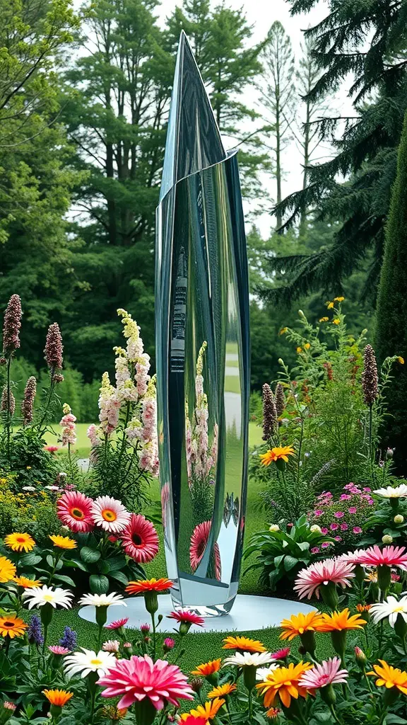 A sleek glass sculpture surrounded by colorful flowers in a garden.