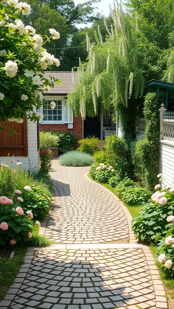 21+ Cottagecore Garden Essentials for a Whimsical Outdoor Retreat 7 A winding cobblestone pathway surrounded by lush greenery and blooming flowers in a rustic garden.