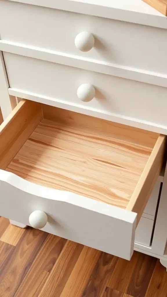 25 Creative Ideas for Dresser Organization with 15 Must-Have Items 11 An empty white drawer with a wooden interior, ready for organization.