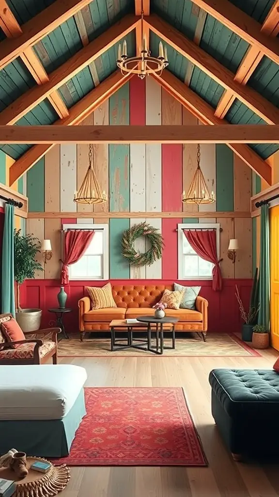 19+ Charming Barndominium Ideas for Cozy Living 12 A colorful living room in a small barndominium featuring striped walls, an orange sofa, and wooden beams.