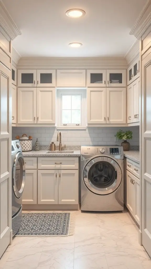 A stylish laundry room featuring custom cabinets, modern appliances, and a cozy rug.