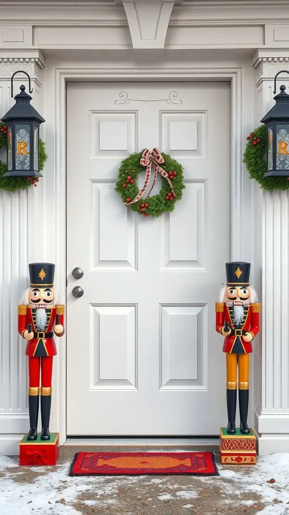 A front door decorated with nutcracker figures, wreaths, and a festive doormat.