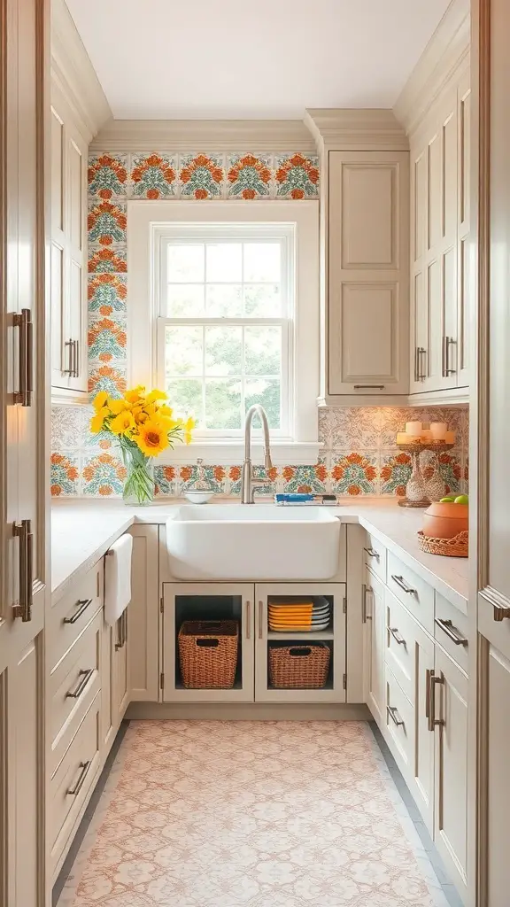 A bright and stylish butler's pantry featuring a colorful floral backsplash, white cabinetry, and a farmhouse sink.