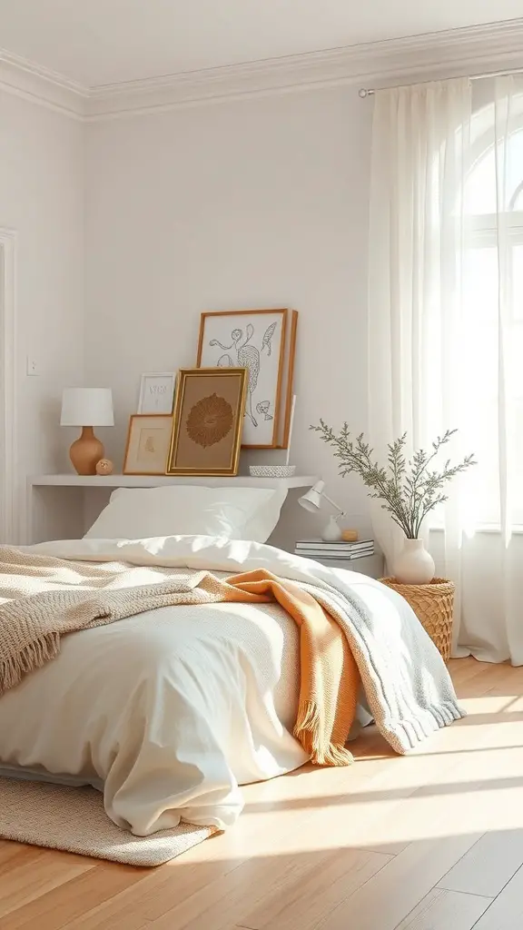 Cozy minimalist bedroom with neutral colors, layered bedding, and natural light.
