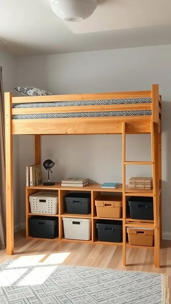 25+ Creative Loft Bed Ideas for Small Rooms 3 A wooden loft bed with storage solutions underneath, featuring bins and a small desk.