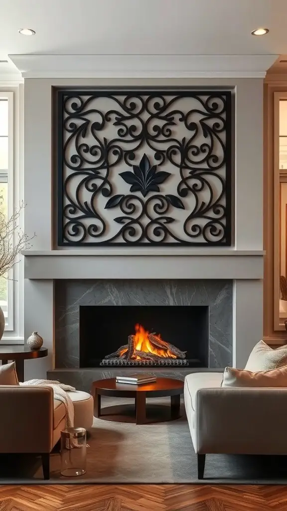 25+ Cozy Living Room Fireplace Ideas for a Warm Atmosphere 15 A modern living room featuring an artistic fireplace screen with intricate designs, a sleek fireplace, and cozy seating.