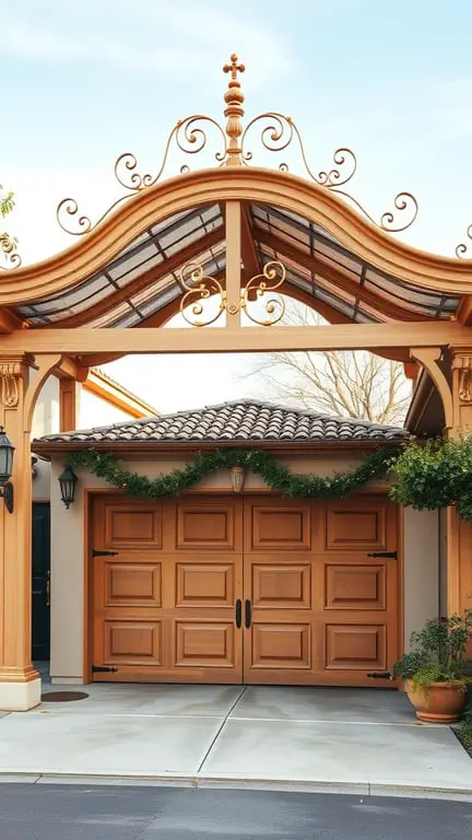 17+ Inspiring Garage Pergola Ideas for Your Outdoor Space 11 A vintage style garage pergola with an elegant arch and wooden details, enhancing the garage entrance.