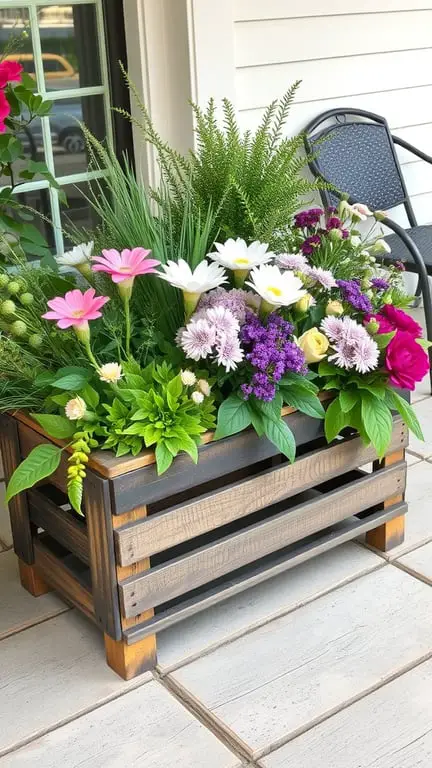 21 Creative Container Garden Ideas for Small Spaces 11 A wooden crate filled with colorful flowers and greenery, placed on a patio.