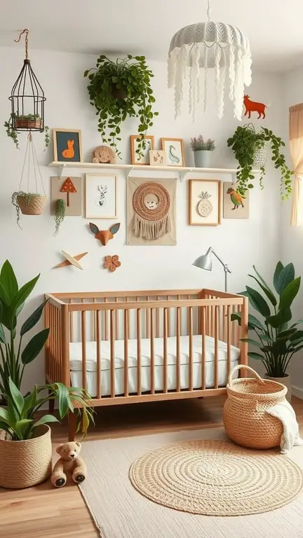 27+ Adorable Gender Neutral Baby Nursery Ideas You’ll Love 4 A cozy gender-neutral baby nursery featuring a wooden crib, plants, and nature-themed decorations.