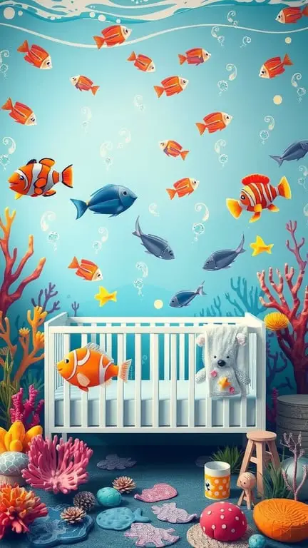 27+ Whimsical Baby Nursery Ideas for a Dreamy Space 7 A whimsical baby nursery with an under the sea theme featuring colorful fish, coral, and a crib.