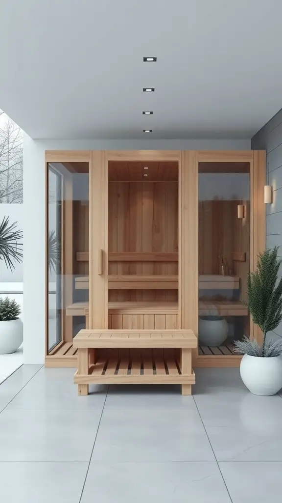 27+ Inspiring Outdoor Sauna Ideas for Your Backyard Retreat 4 A modern minimalist sauna design featuring wood and glass.