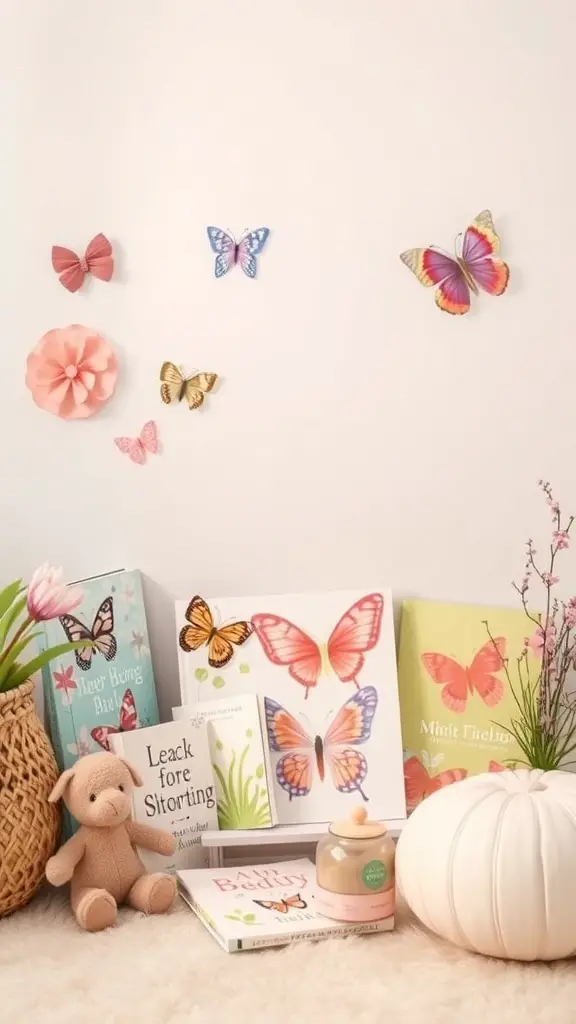 A cozy Butterfly Storytime Corner with books, decorations, and a teddy bear.