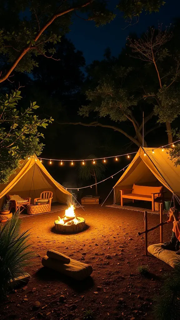 Backyard camping setup with tents, a campfire, and string lights at night.