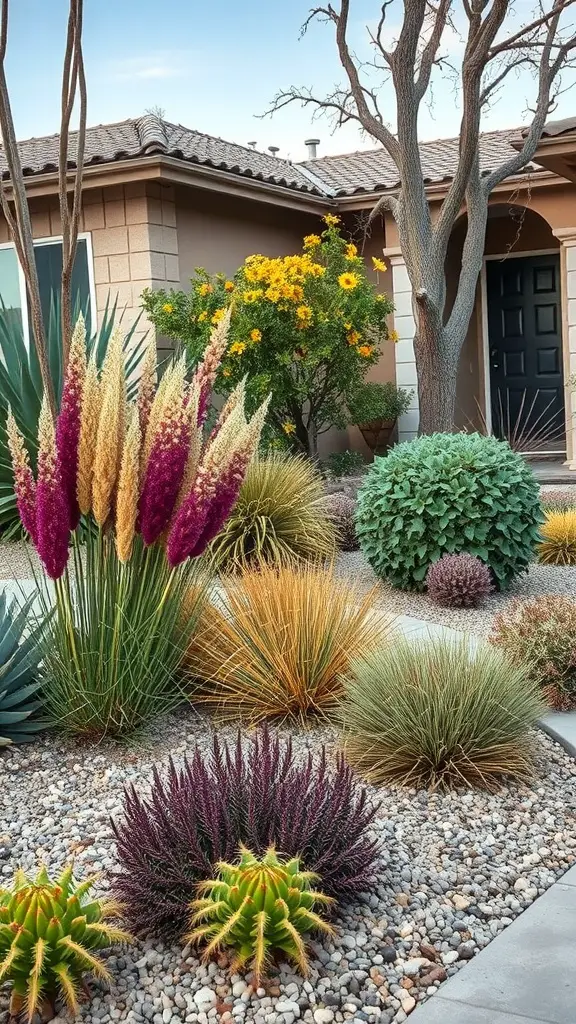 25+ Stunning Desert Landscaping Ideas for Your Front Yard 16 A desert front yard featuring colorful plants and gravel landscaping.