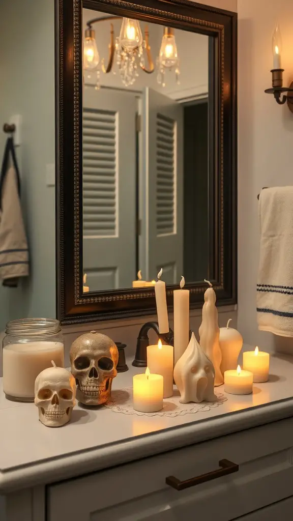 27+ Spooktacular Halloween Bathroom Decor Ideas 8 A spooky candle arrangement featuring skull-shaped candles and ghostly designs on a bathroom counter.
