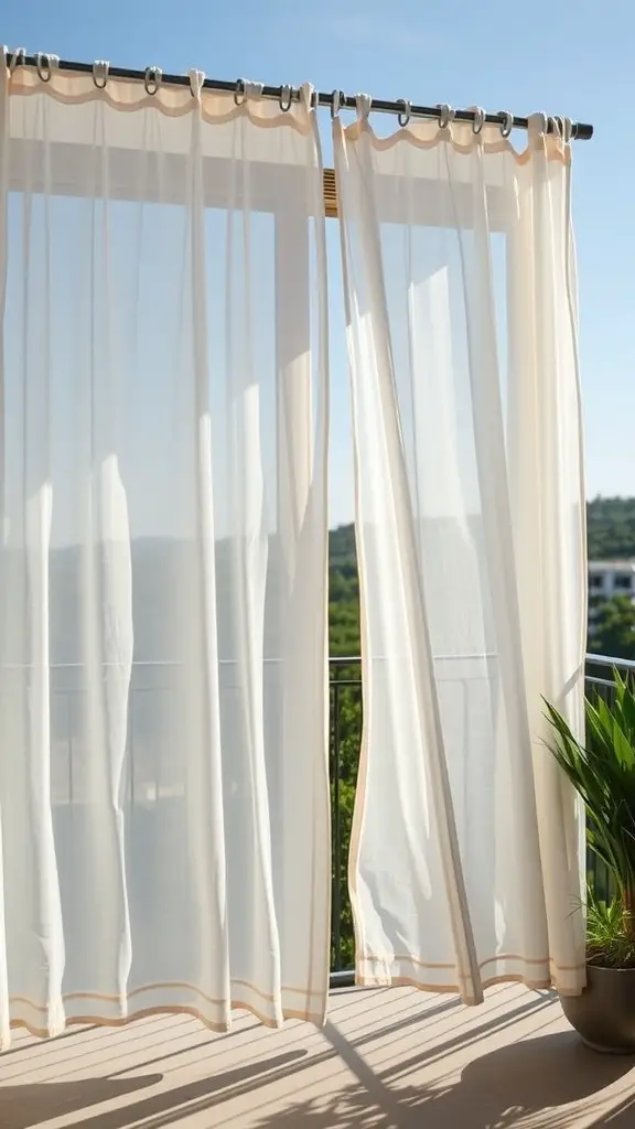 21+ Creative Balcony Privacy Ideas You’ll Love 8 Light outdoor curtains hanging on a balcony with a view