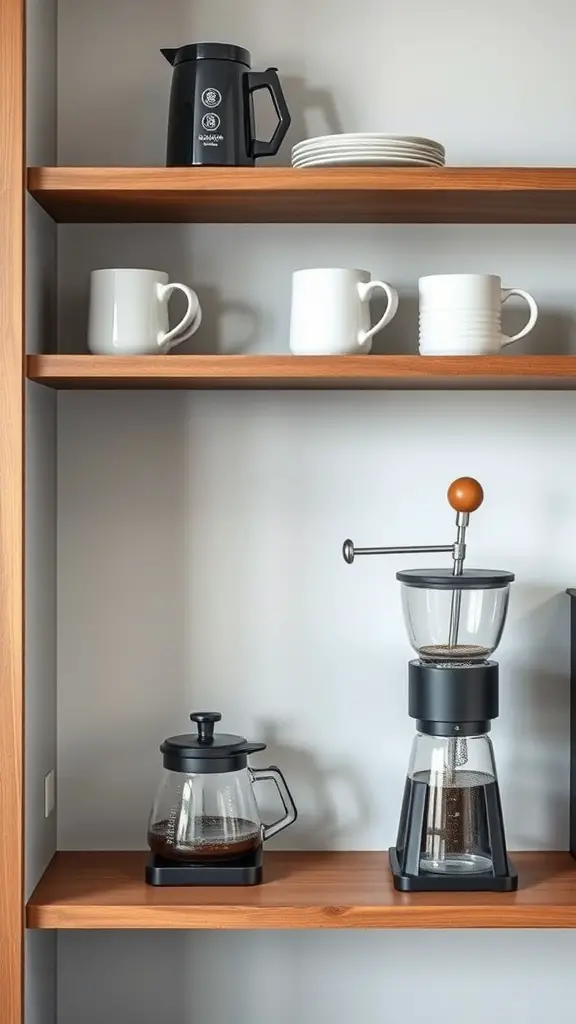 27+ Charming Small Coffee Bar Ideas to Transform Your Space 4 A minimalist coffee shelf featuring a black coffee pot, glass coffee makers, and white mugs on wooden shelves.