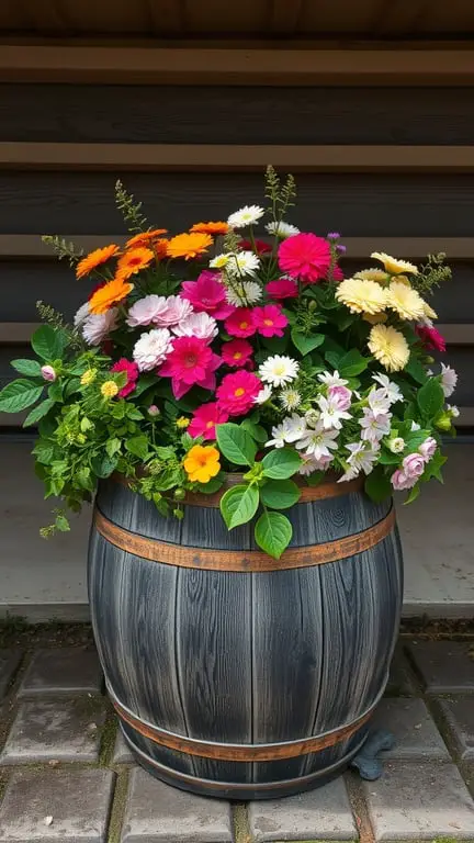 21 Creative Container Garden Ideas for Small Spaces 4 A repurposed wine barrel filled with colorful flowers.