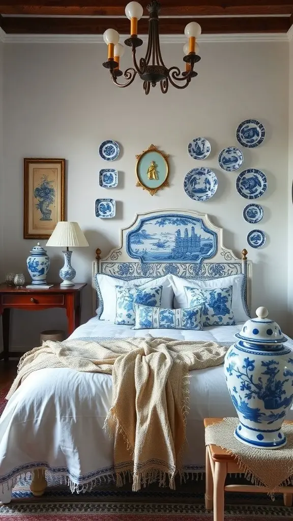A vintage blue and white bedroom featuring porcelain accents, including plates on the wall and vases on the furniture.