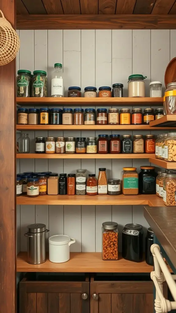 17+ Stylish DIY Pantry Shelf Ideas to Organize Your Space 10 Rustic wooden pantry shelves filled with jars and containers.