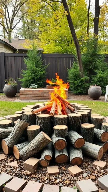21+ Stunning Firepit Backyard Landscaping Ideas You’ll Love 9 A rustic log firepit surrounded by greenery and flames.