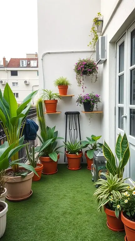 17+ Creative Mini Garden Ideas for Small Spaces 14 A small balcony with faux grass flooring and various potted plants, creating a mini garden atmosphere.