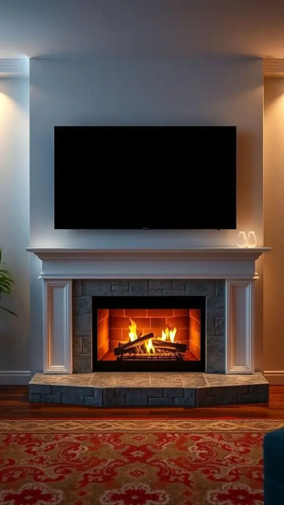21 Stunning Fireplace TV Wall Ideas for Your Living Room 6 A cozy fireplace with a TV mounted above it, featuring warm lighting and a stylish design.