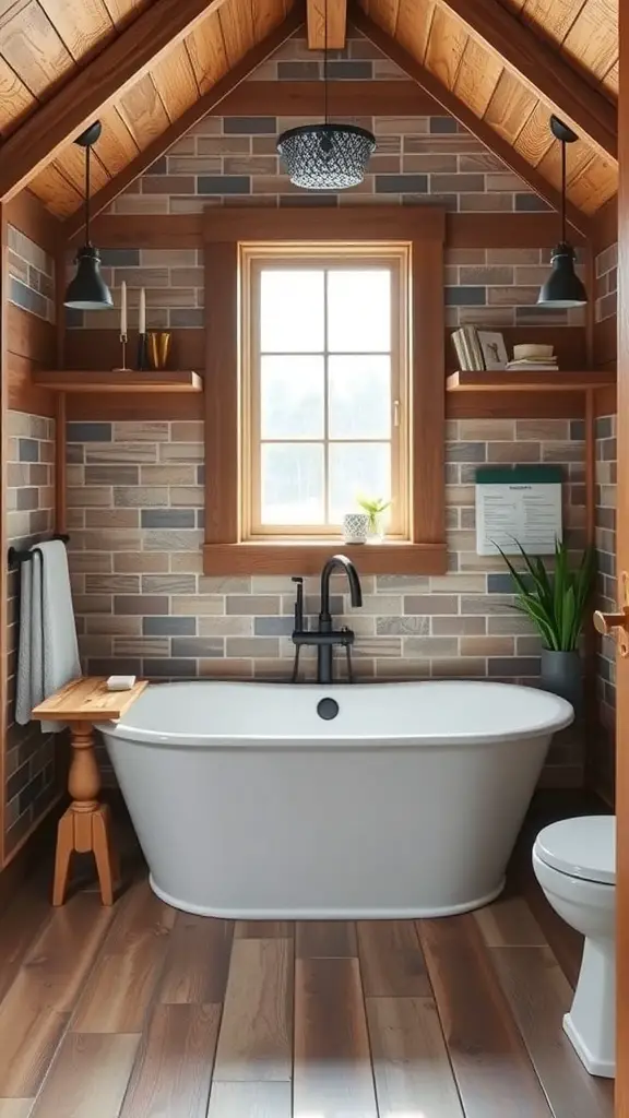19+ Charming Barndominium Ideas for Cozy Living 14 A cozy bathroom featuring a freestanding tub, wooden beams, and a large window.
